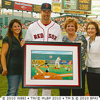 Tim Wakefield and friends with his animated tribute artwork at Fenway Park