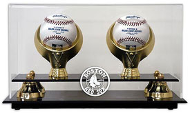 Two baseball display case with Red Sox logo